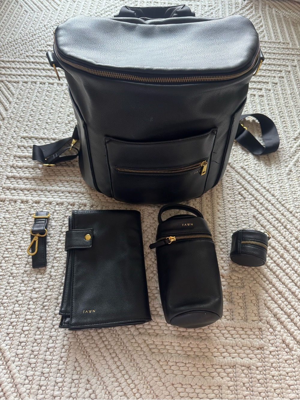 Fawn Design Black Leather Diaper Backpack with accessories